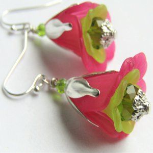 Pink & Green Acrylic Flower Earrings